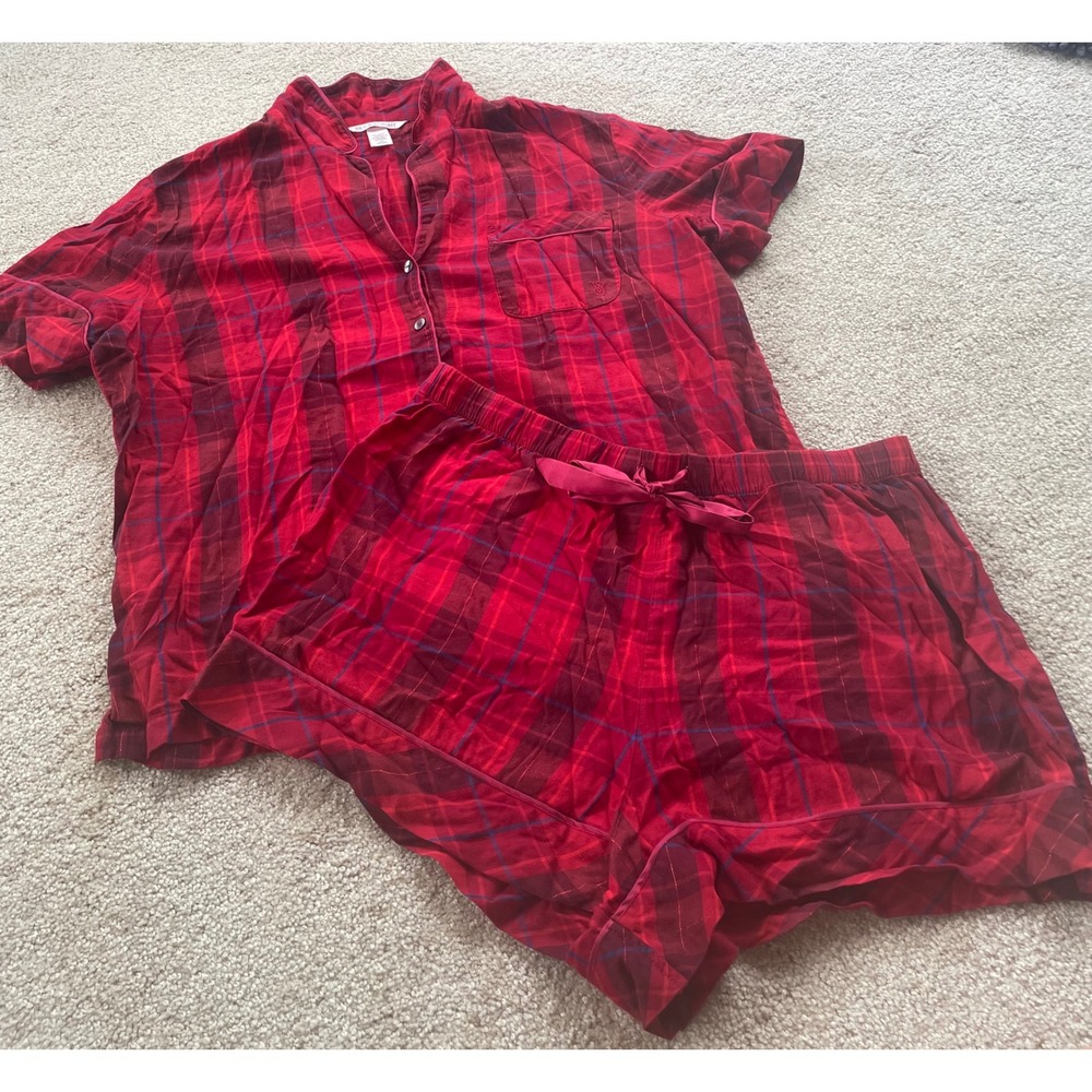 Victoria's Secret Red Plaid Pajama Set Short Sleeve Button Down Shorts Large